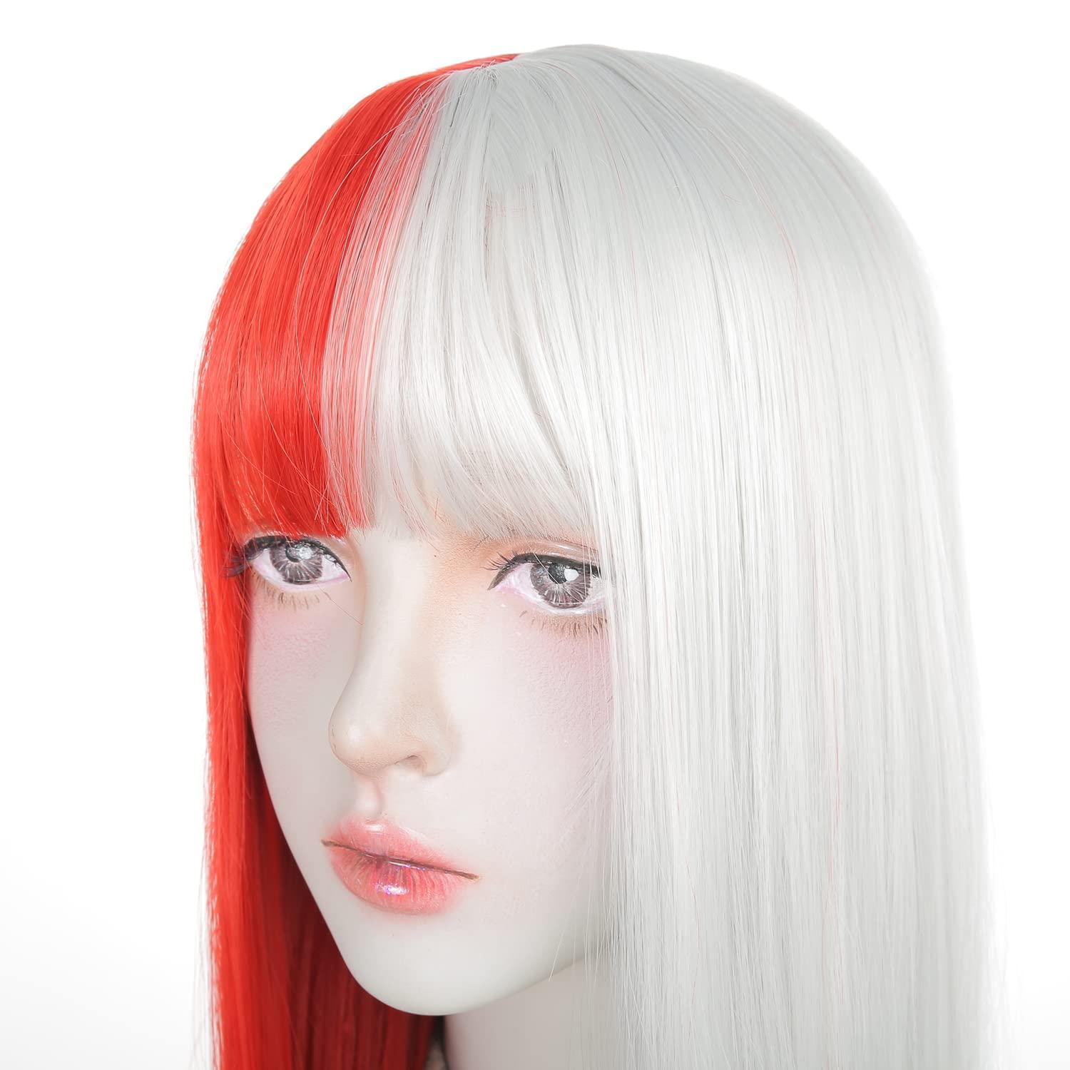 Styler Styler Half White Half Red Wig with Bangs, Long Straight Anime Cosplay Wig for Women, Heat Resistant Synthetic Halloween Hair Wigs