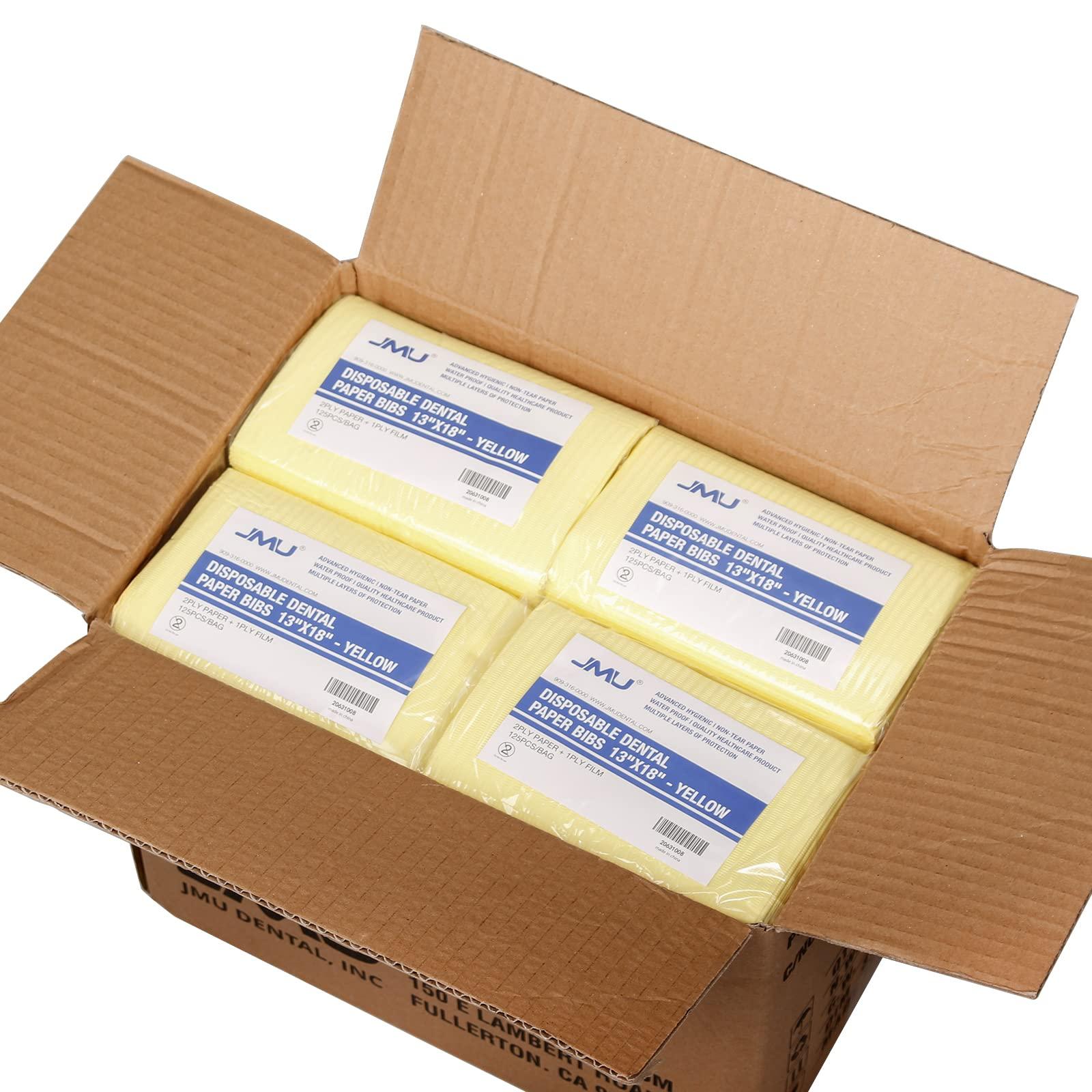 JMU JMU 500 Dental Bibs Disposable, 3-Ply Waterproof Dental Bibs Tattoo Bibs Tray Covers 13\" x 18\" (4 Bags of 125, Yellow)