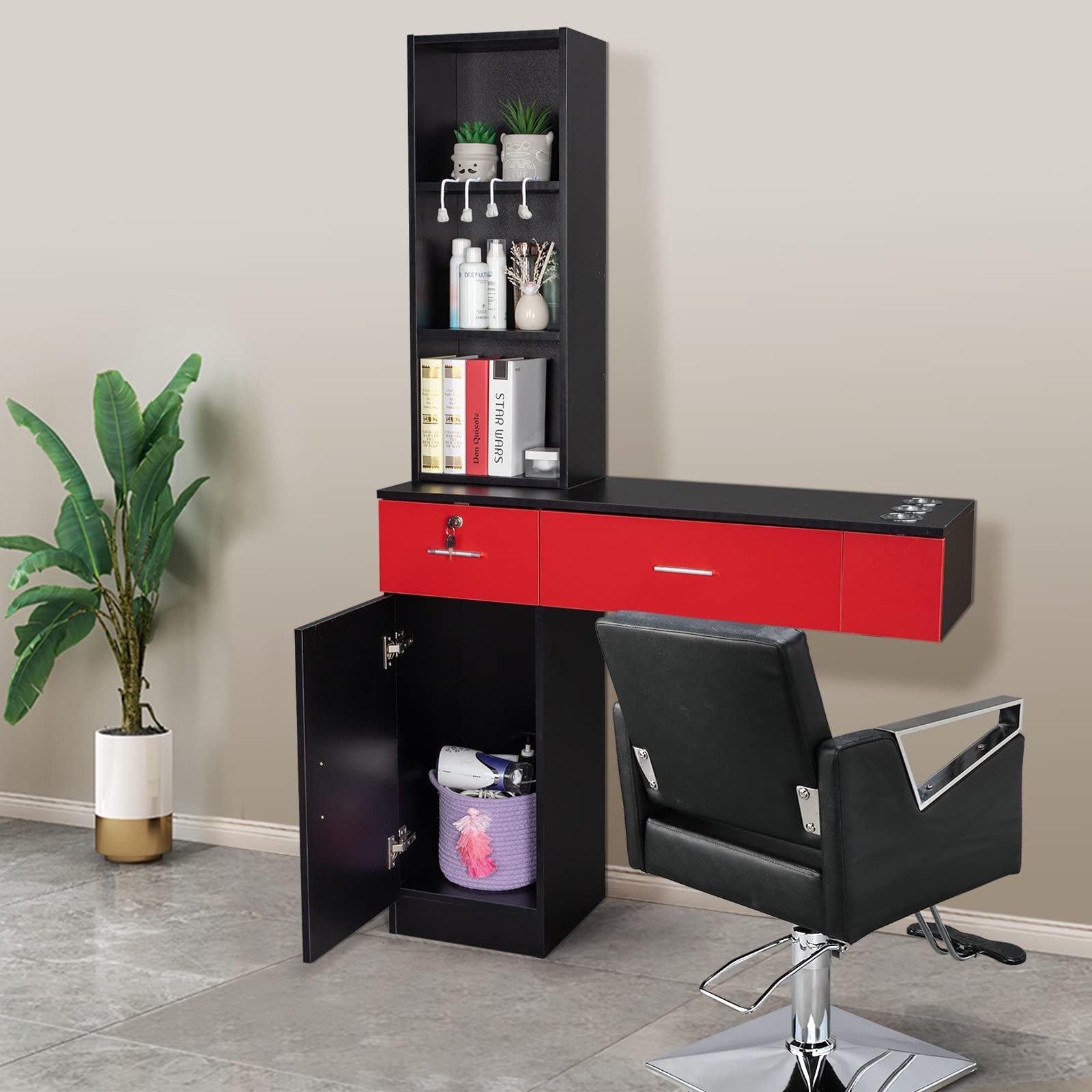OmySalon OmySalon Wall Mount Barber Stations, Salon Stations for Hair Stylist, Hair Styling Equipement Set with a Storage Cabinet, 2 Drawers and a 3 Tier Shelf (Black&Red)