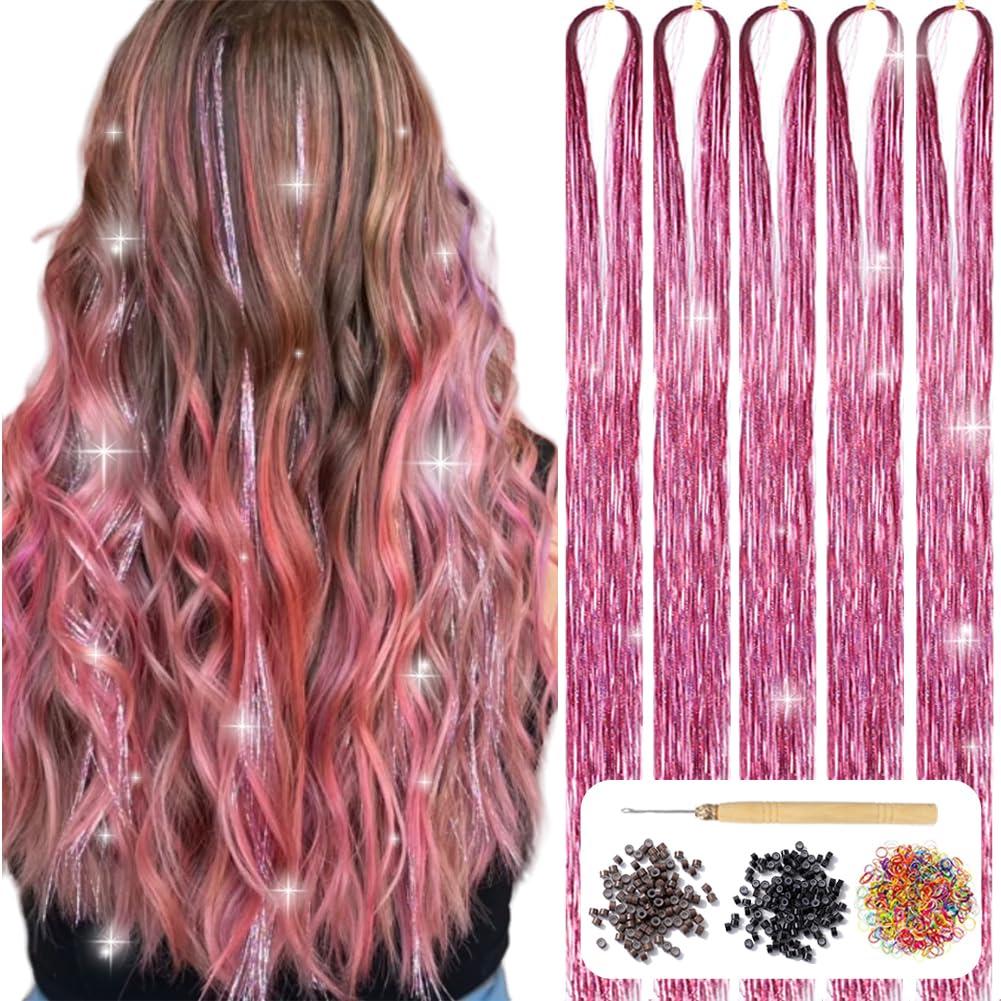 AIFIHIYI AIFIHIYI Hair Tinsel Kit with Tools 48 Inch 1200 Strands Pink Tinsel Hair Extensions Fairy Hair Tinsel Kit Heat Resistant Glitter Hair Extensions Tensile Hair Accessories for Girls Women (Pink)
