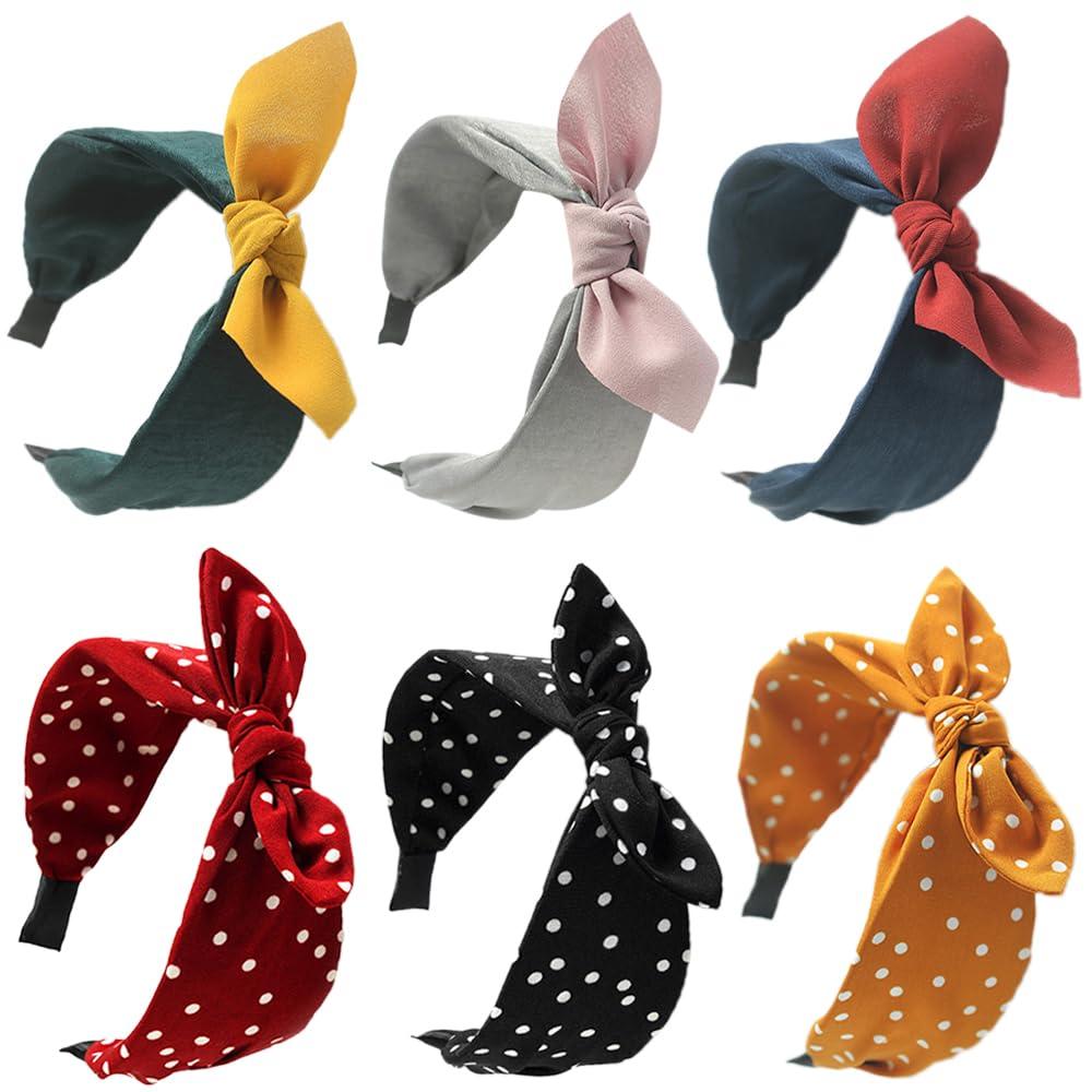 HUANMAYE HUANMAYE 6Pcs Boho Headband for Women Knotted Bow Hairbands Fabric Elastic Hair band Accessories Rabbit Ear Hair Bands Wide Turban Headwraps for Adult Women (6RPoint)