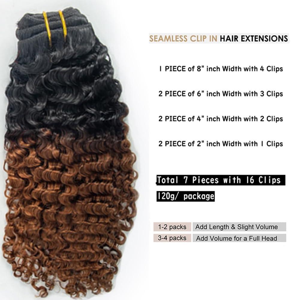Kiss darling LASHES 3B 3C Afro Curly Clip in Human Hair Extension Real Hair Clip in Extensions for Women Ombre Auburn Brown Curly Clip ins Extensions 22\"inch 120g/Pcak Two Tone T#1B/30