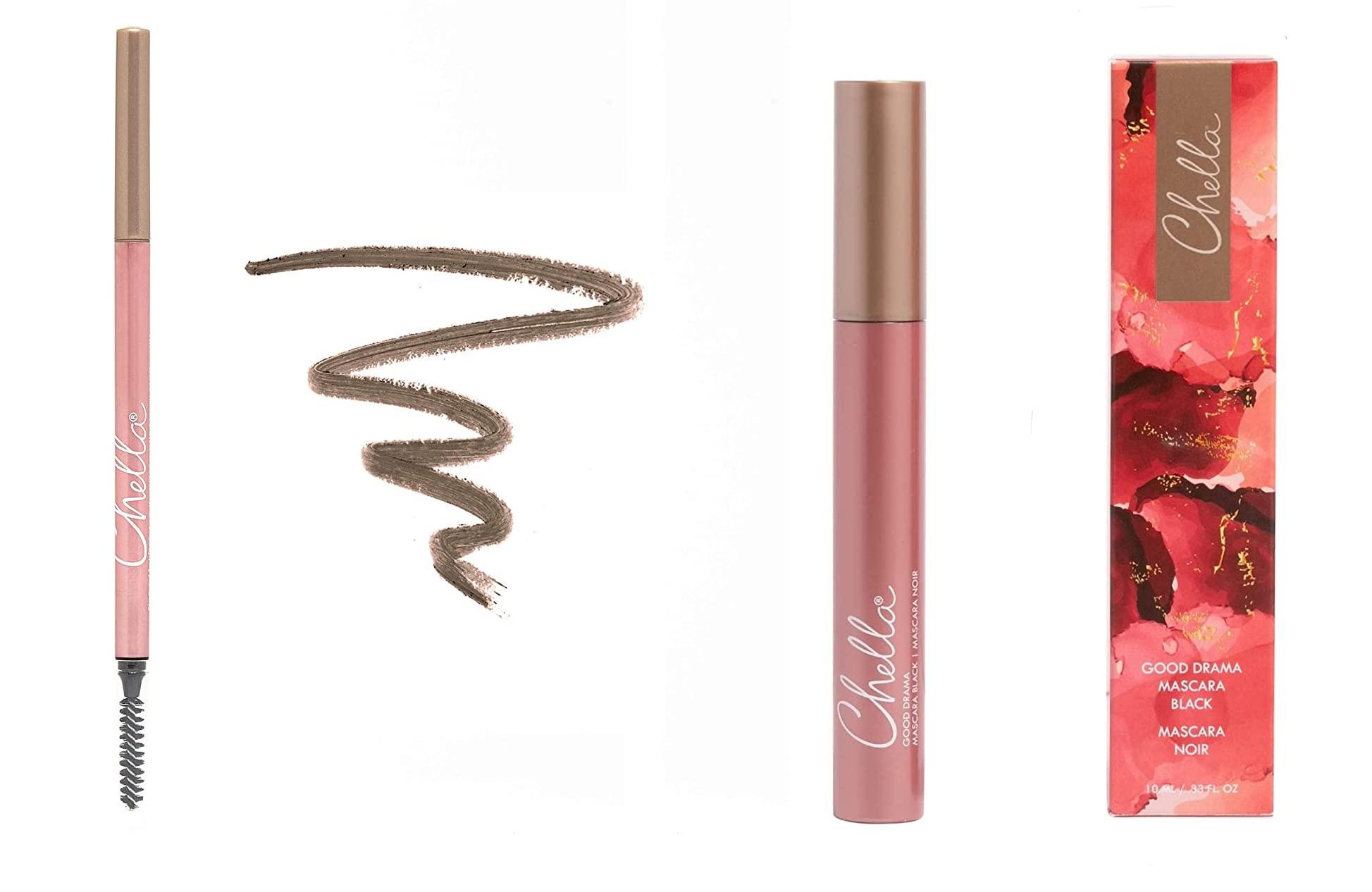 Chella Chella Good Drama Vegan Mascara and Eyebrow Pencil Bundle, Marvelous Medium Brown