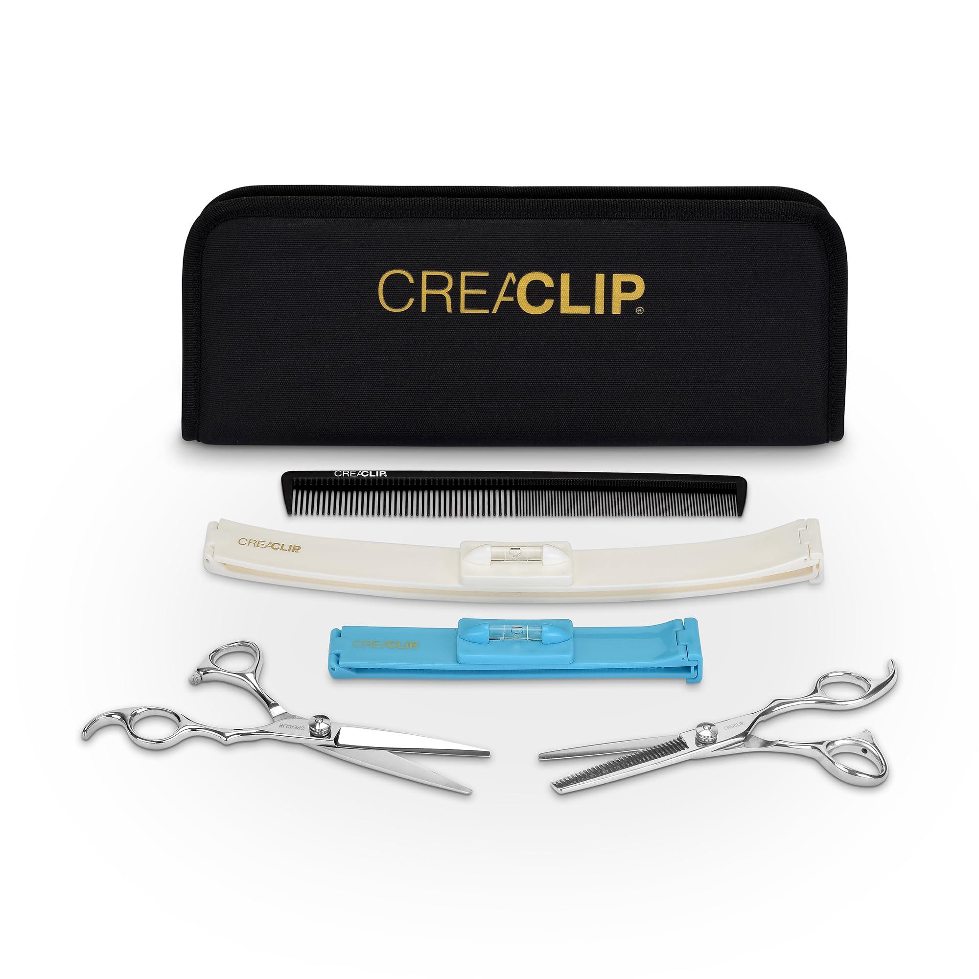 CreaProducts Original CreaClip Case and Hair Scissors, Hair Cutting Tool Hair Cutting Shears Thinning Scissors Hair Comb for Layers Bangs Kids Hair Cut Hair Cutting Kit (Set of 5)