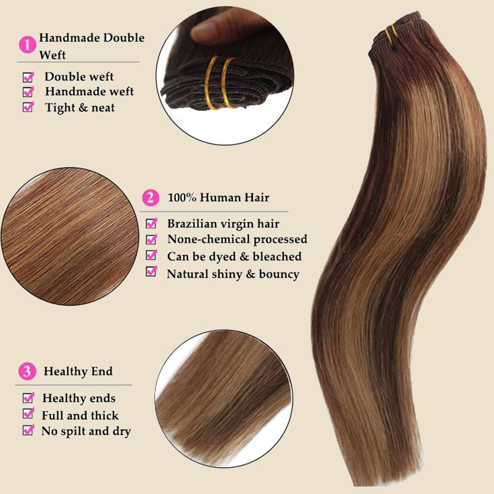 OiMiGO Human Hair Extensions Clip in, 5pcs 70g Chocolate Brown to Strawberry Blonde, OiMiGO Ombre Clip ins Hair Extensions Real Human Hair Straight Natural Hair Extensions with 12 Clips (#4T4P27,22Inch)