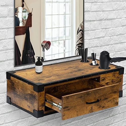 PENNYNANA PENNYNANA Wall Mount Styling Barber Station with Charge Station,Salon Stations with Locked Storage Drawer for Hair Stylist,Rustic Brown