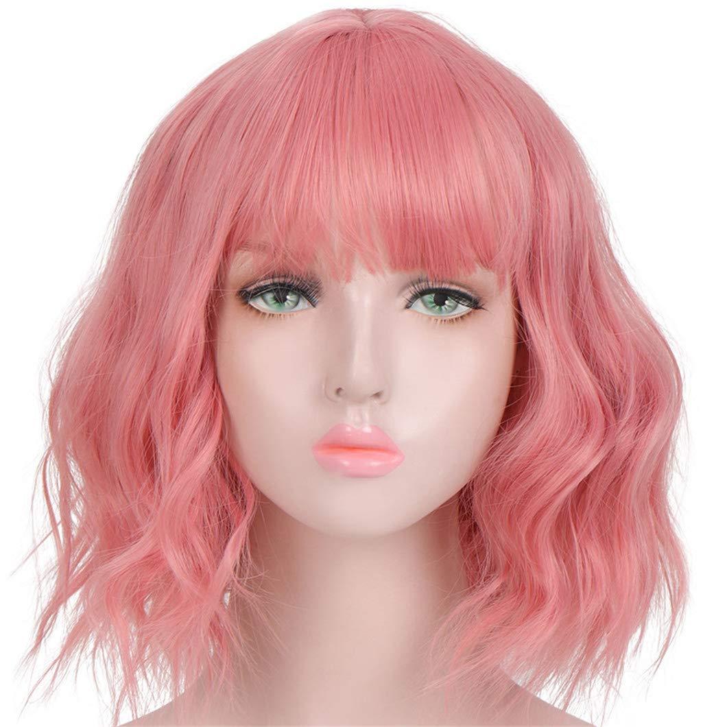 SSJFZM Pink Wig Short Bob Wig With Bangs Cosplay Water Wave Hair Wigs For Women American Style Synthetic Wig 97C Pink 14inches
