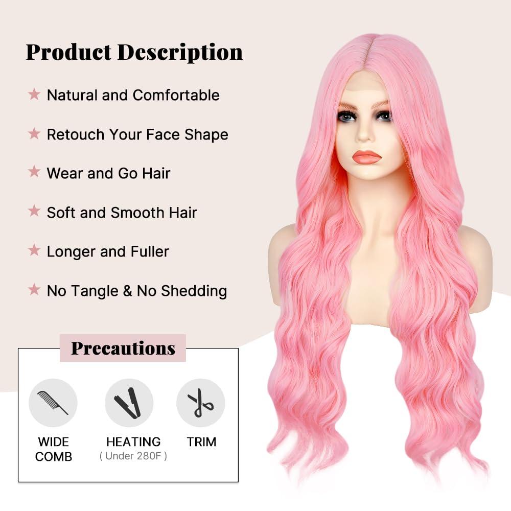 Ninroc Ninroc Pink Wigs For Women, Long Wavy Pastel Pink Wig Middle Part Natural Looking Heat Resistant Synthetic Wig for Daily Party Use 26 inches