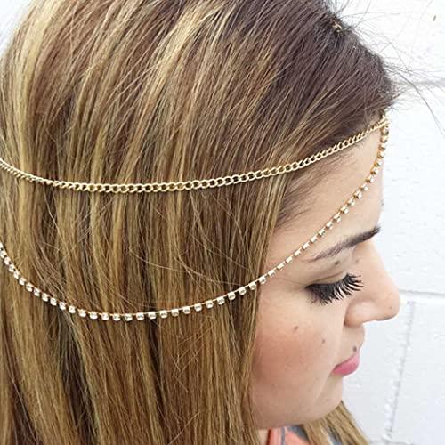 Barode Barode Boho Layered Head Chains Sparking Rhinestone Fashion Headband Jewelry for Women and Girls (Gold)