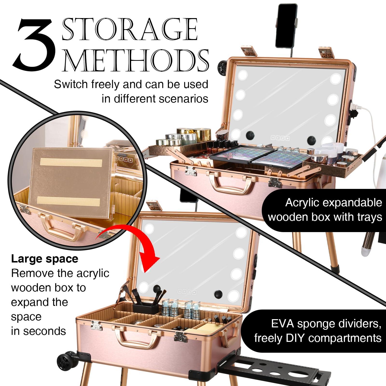 RUKEJUNE RUKEJUNE Rolling Makeup Case with LED Light Mirror Adjustable Legs Lockable Train Table Studio Artist Cosmetic Carry-on Size Rose Gold