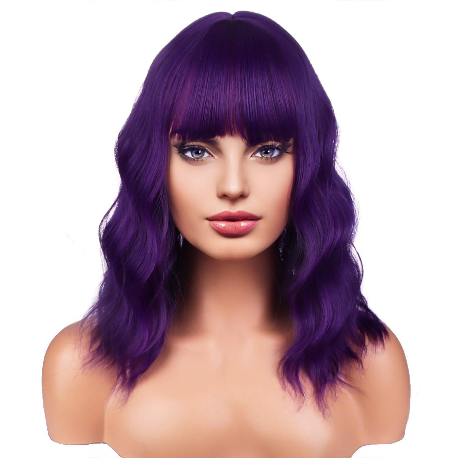 BERON BERON 14 Inches Purple Wig for Women Girls Short Curly Wig Dark Purple Wig Synthetic Wig Purple Wig with Bangs Wig Cap Include