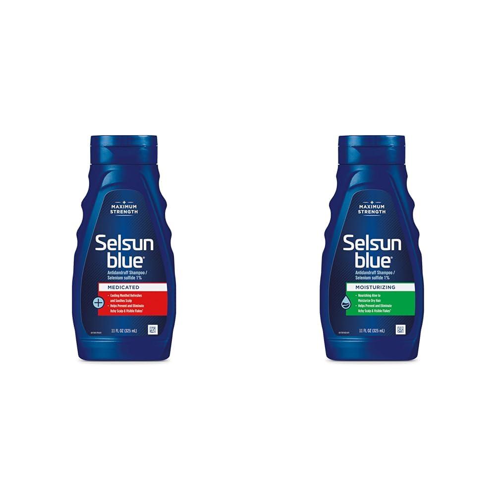 Selsun Blue Selsun Blue Anti-Dandruff Shampoos Bundle with Medicated 11 fl oz & Moisturizing 11 fl oz, Maximum Strength Selenium Sulfide 1%