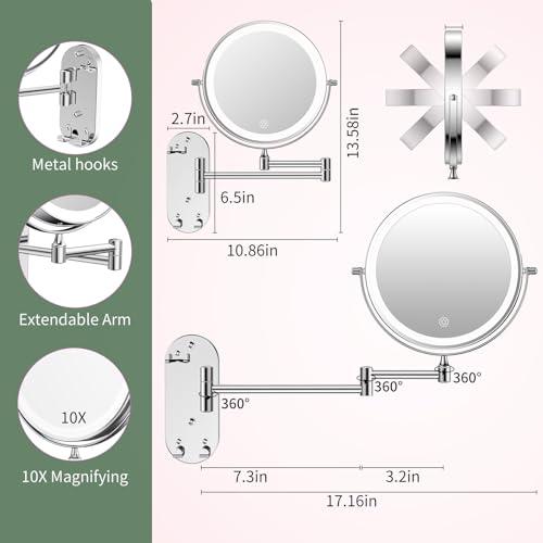 FUNTOUCH FUNTOUCH Wall Mounted Lighted Makeup Mirror, Rechargeable 8\" Double-Sided LED Make up Mirror 1X/10X Magnification, 3 Color Lights Dimmable 360 Rotation Wall Mount Mirror with Extension Arm and Hooks