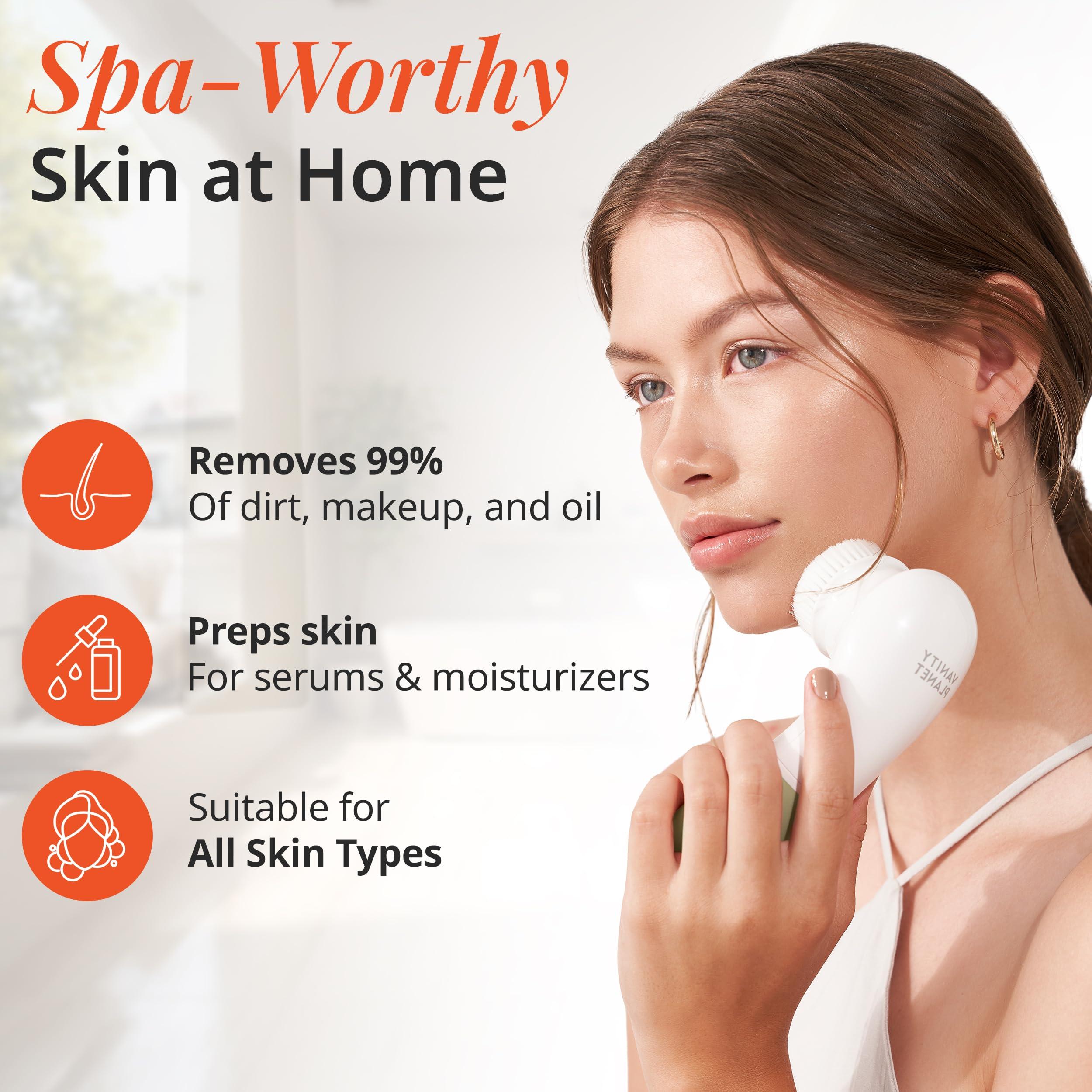 Vanity Planet Raedia Handheld Facial Cleansing Brush with 4 Interchangeable Brush Heads by Vanity Planet - Lightweight Daily Cleansing Brush for Glowing Skin - Water Resistant Face Exfoliator - Warm Grey