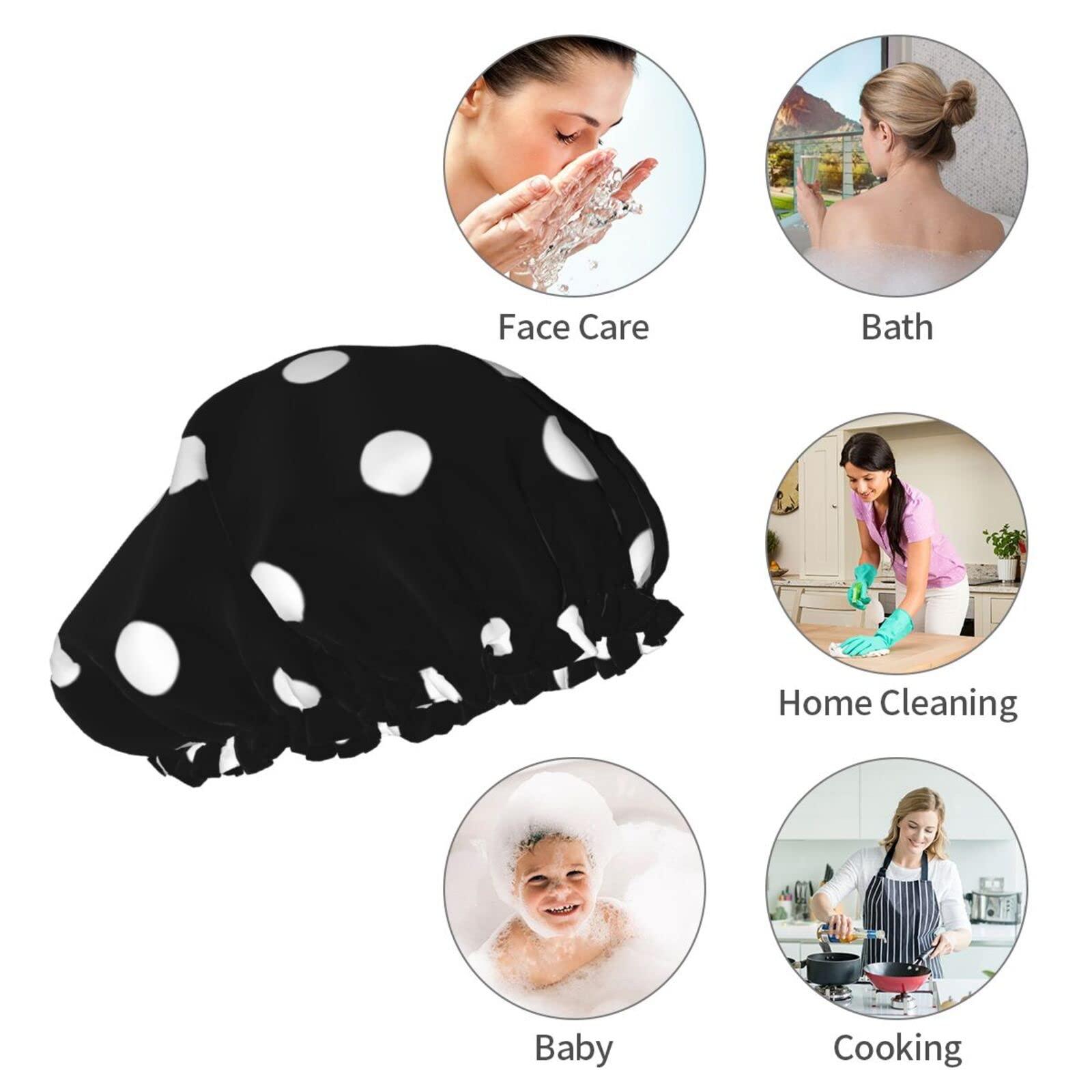 IDNUYIA White Dots Shower Cap For Women, Layers Bathing Shower Reusable Elastic Band Stretch Hem Hair Hat