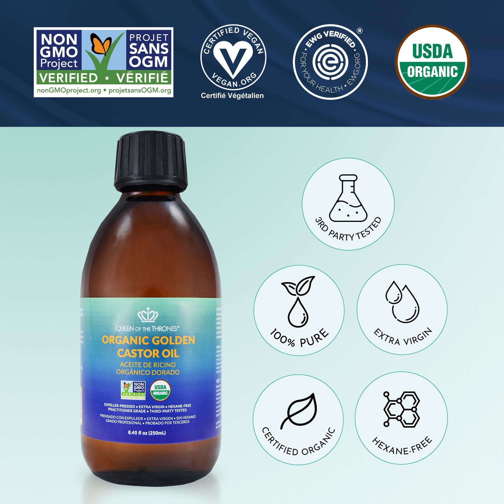 QUEEN OF THE THRONES QUEEN OF THE THRONES Organic Golden Castor Oil | 100% Pure for Hair, Skin, Nails, Brows & Lashes | Hexane-Free | USDA Certified [8.4oz (250ml)]