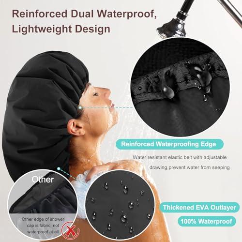 SHEOMERN Sheomern 2 Pcs 15\" XL Extra Large Terry Lined Shower Cap, Adjustable Dual Waterproof Shower Cap for Women Reusable Soft Hair Cap Bath Cap for Long Braids, Thick Hair, Locs, Curly Hair