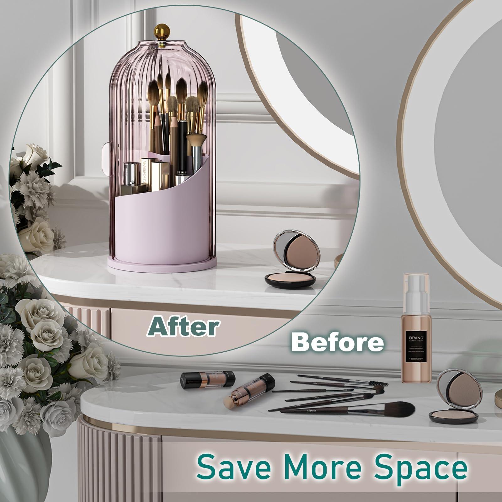 GAXmi GAXmi Makeup Brush Holder with Lid Cosmetic Tools Organizer 360 Rotating Waterproof Dustproof Makeup Brushes Storage for Vanity, Pink-Purple