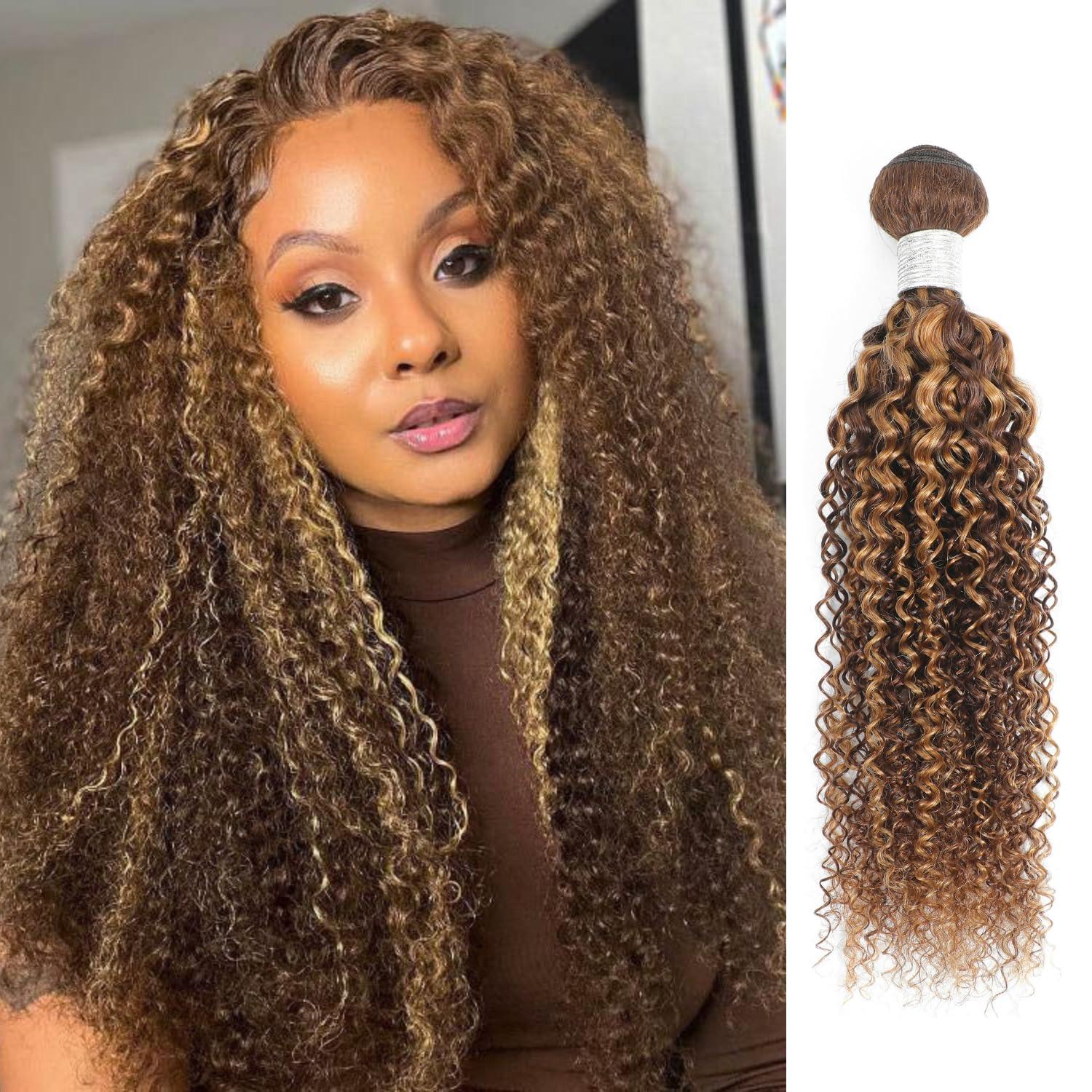 AUROO AUROO Honey Blonde Highlight Tight Kinky Curly Human Hair Single Bundles, 10A Burmese Curly Weave Bundles Human Hair 100% Virgin Remy Bundle Ombre #P4/27 Colored Kinky Curly Thick Tracks Sew in 16 In