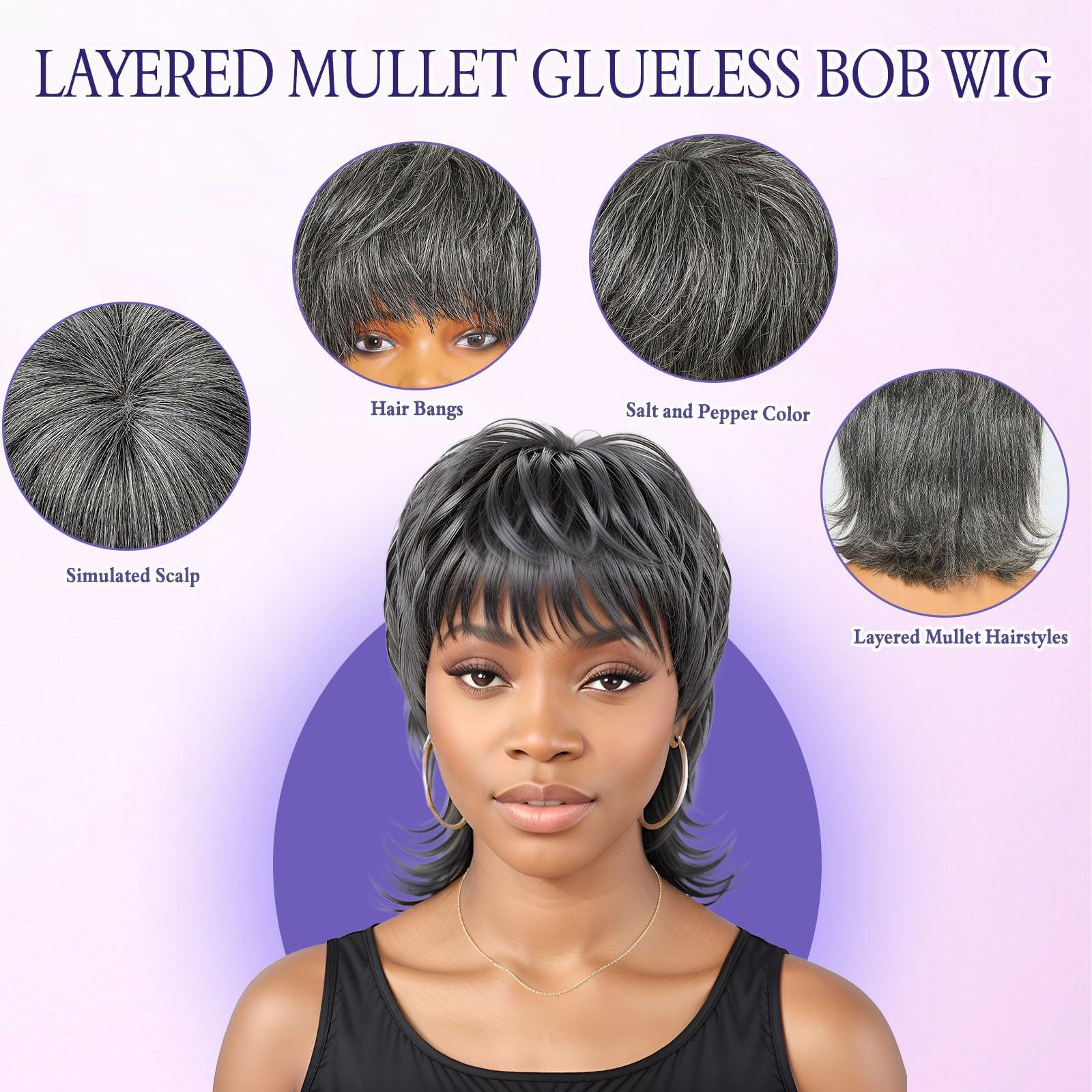HANASCC HANASCC 12\" Salt and Pepper Wigs for Women 70s 80s 90s Shaggy Layered Mullet Human Hair Wig with Bangs Glueless Grey Human Hair Wig for Women Curly Short Pixie Cut Wig Full Machine Gray Human Hair Wig