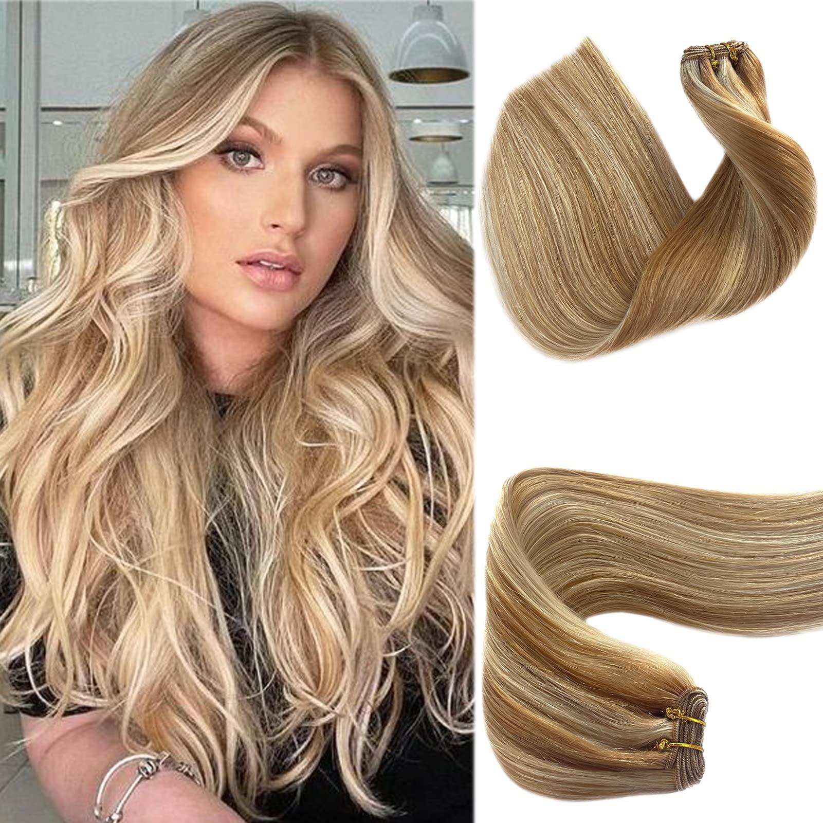 Benafee Hand Tied Weft Hair Extensions Human Hair Bundles Caramel Blonde to Bleach Blonde Sew in Hair Bundles Invisible Beaded Weft Extensions Human Hair Extensions Sew in Human Hair Weave Bundles 12” Thick