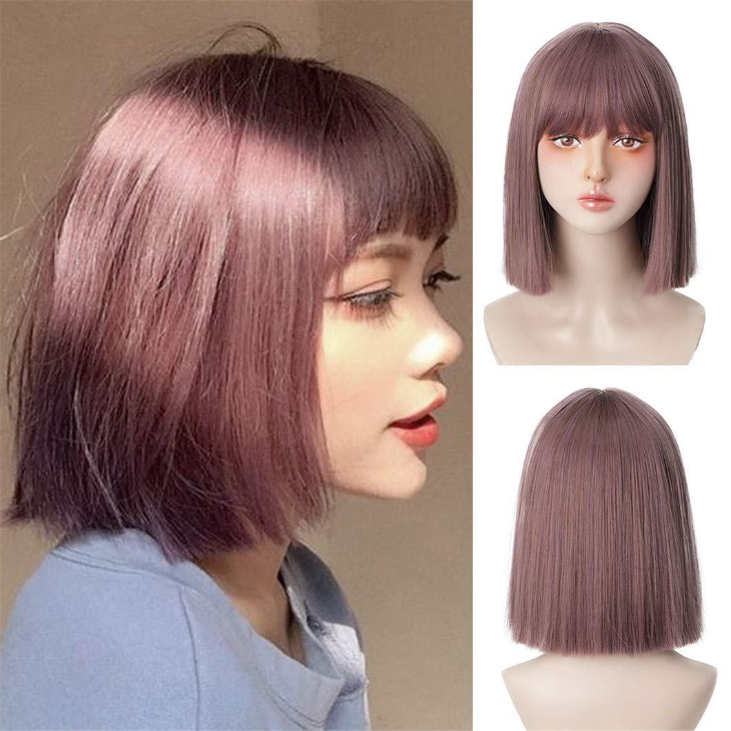 SSJFZM Short Bob Wig With Bangs For Women Synthetic Bob Wigs Black Pink Purple Wig For Party Daily Use Shoulder Length BoTeng 12inches