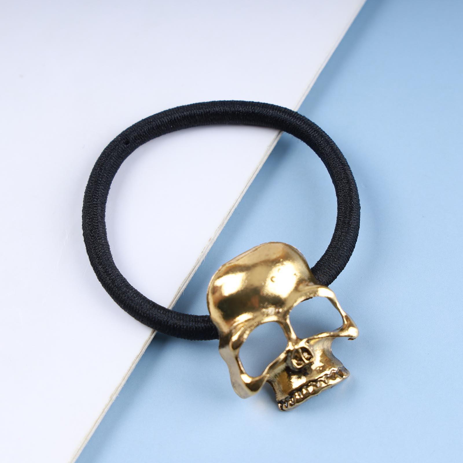 Aneneiceera Aneneiceera Gothic Viking Hair Accessories - Skull Ponytail Holder with Black Rope, Punk Skeleton Jewelry for Women and Girls (Gold)