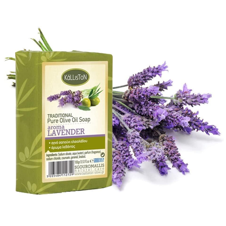 Kalliston Kalliston, Olive Oil Soap with Lavender extract and volcanic Pumice Stone, all-natural soap bars, product of Crete, Greece, Pack of 4
