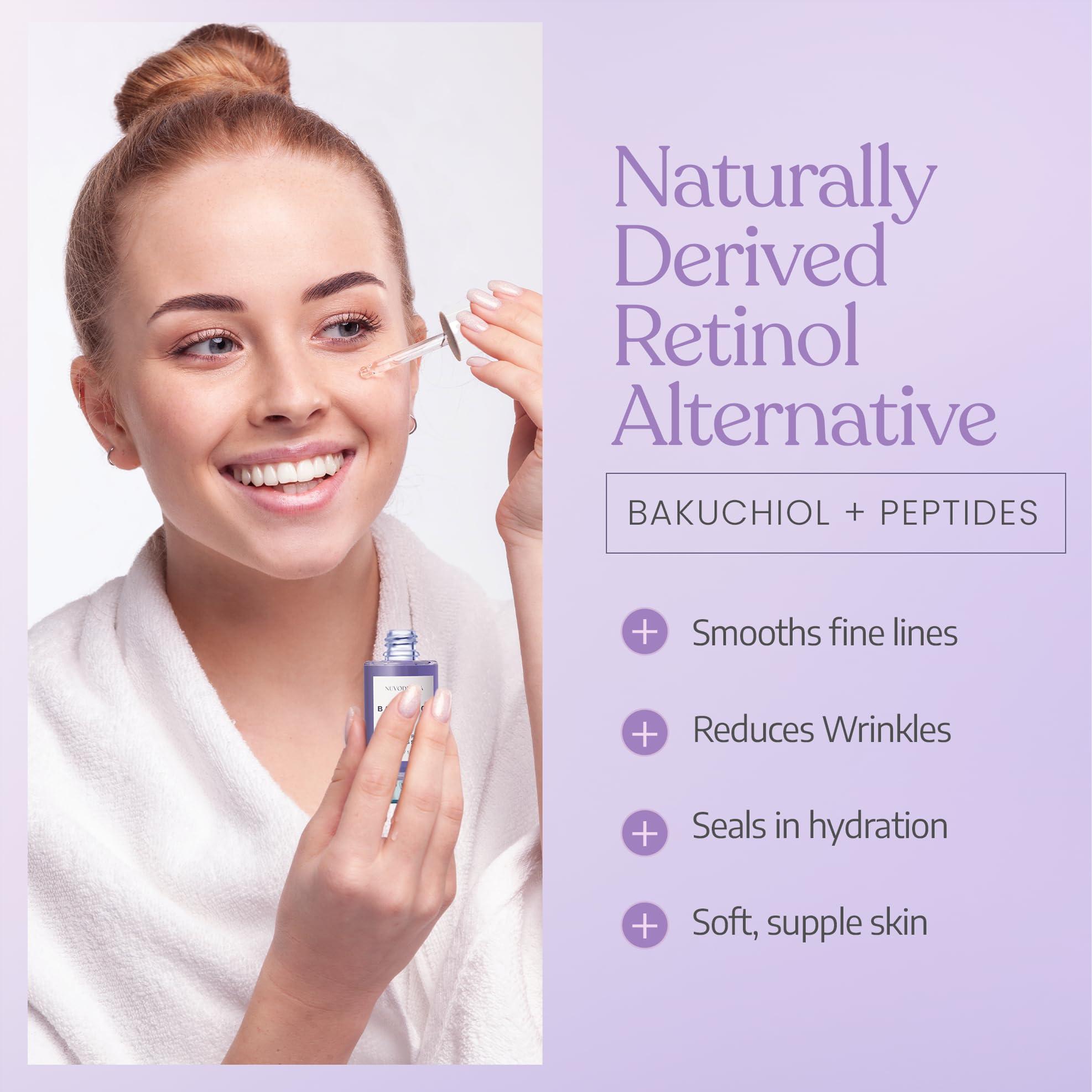 NUVODERMA Bakuchiol Face Serum Bakuchiol Retinol Alternative Organic Bakuchiol Serum with Collagen and Peptides Natural Anti-Aging Serum for Fine Lines, Wrinkles, Dark Circles