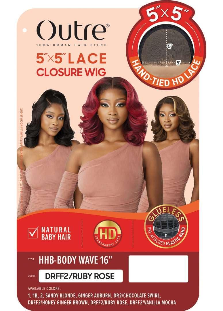 Outre Outre - 5X5 Lace Closure Wig - Human Hair Blend - Body Wave 16\" (DR2/CHOCOLATE SWIRL)