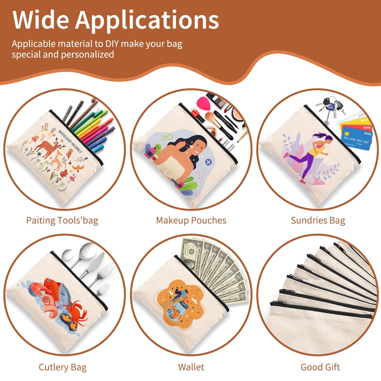 AMDAILY 50Pcs Canvas Makeup Bags Bulk, Cotton Sublimation Blank DIY Heat Transfer Cosmetic Bags w/Black Zipper for Bridesmaid Makeup Bag Travel Toiletry Pouch Storage, Christmas DIY Craft 7.87 x 5.7 Inch)