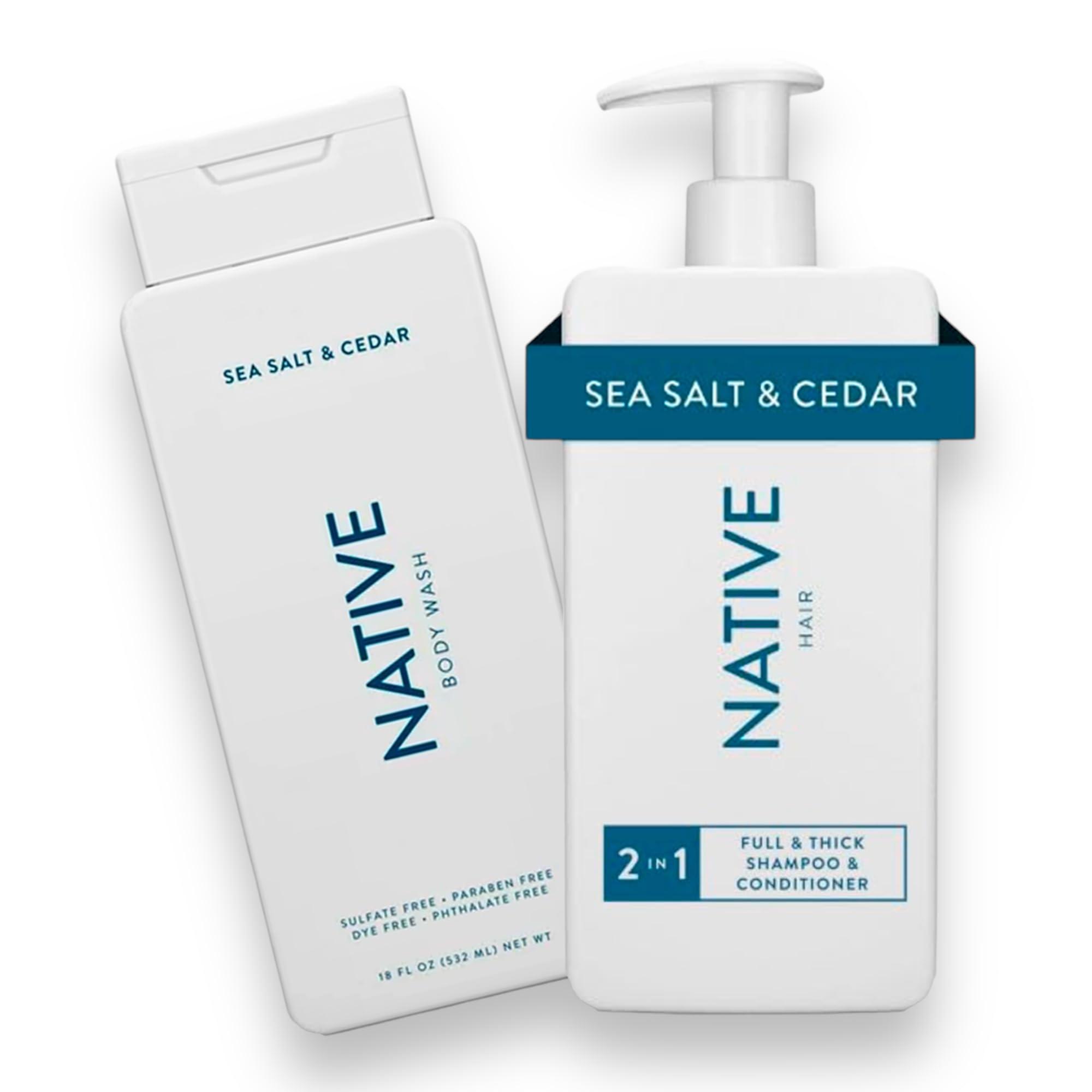 Hair Care And Body Wash Native - Hair and Body Wash - 2 in 1 Shampoo and Conditioner And Body Wash - Sea Salt & Cedar - Contain Naturally Derived Ingredients | All Hair - 16.5 and 18 FLOz - Pack Of 02