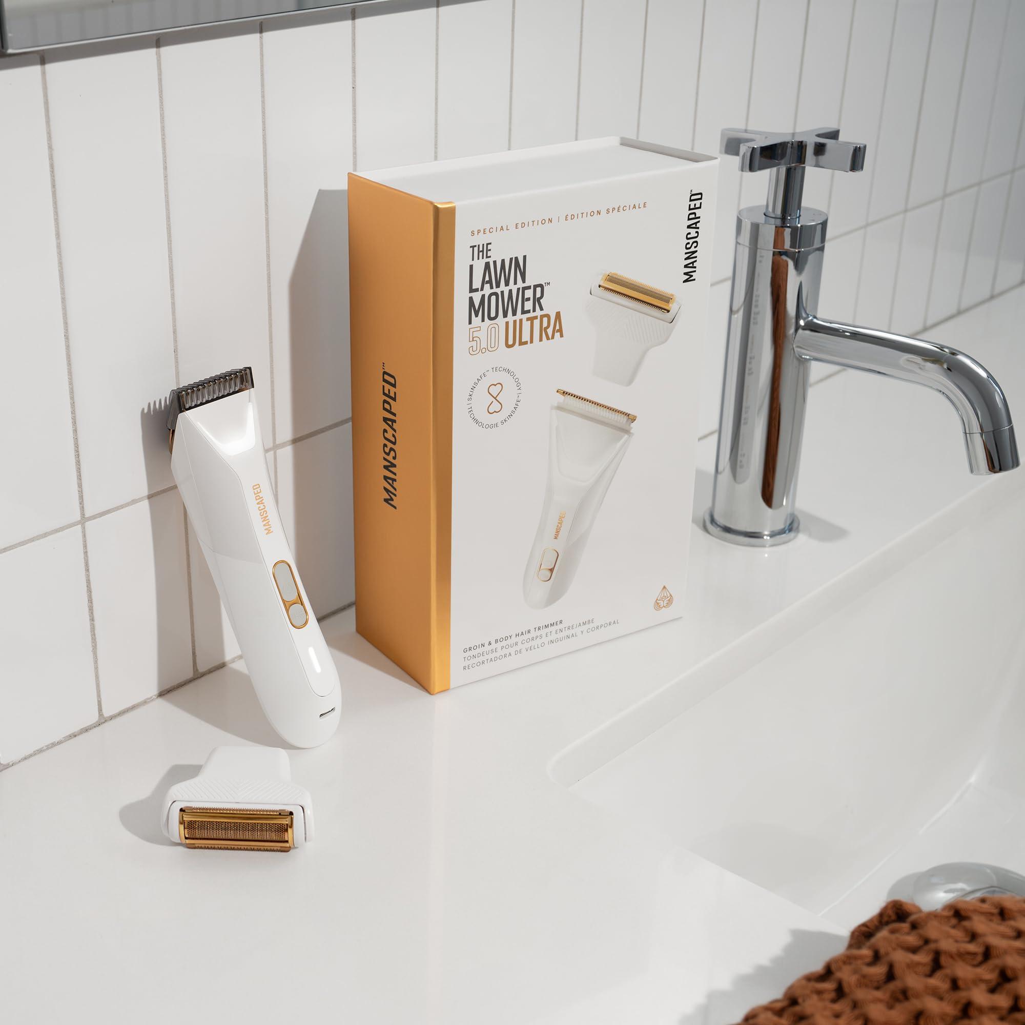 MANSCAPED MANSCAPED The Lawn Mower 5.0 Ultra Men\'s & Women\'s Groin & Body Hair Trimmer Dual-Head SkinSafe Trimmer & Foil Blades, Waterproof Wet/Dry Groomer, USB-C Rechargeable with Travel Case, White