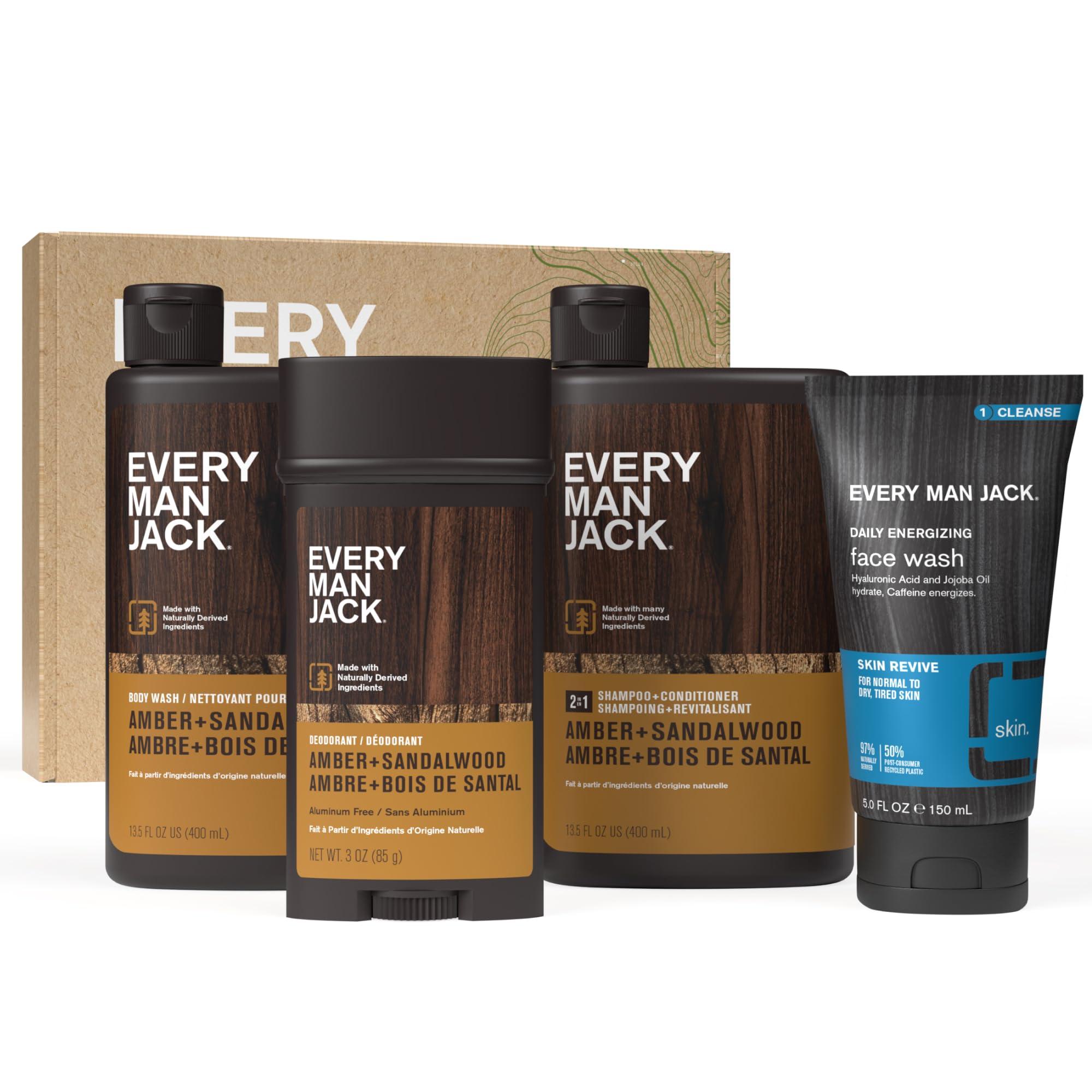 Every Man Jack Every Man Jack Mens Amber + Sandalwood Bath and Body Gift Set - Clean Ingredients & Sandalwood, Amber, and Vetiver scent - Round Out His Routine with Body Wash, 2-in-1 Shampoo, Deodorant & Face Wash