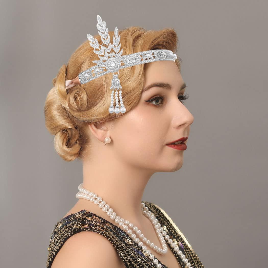GORTIN GORTIN 1920\'s Flapper Headband Inspired Leaf Headpiece Rhiestones Pearl Headdress Cocktail Party Bride Wedding Flapper Hair Accessories for Women and Girls (Silver)