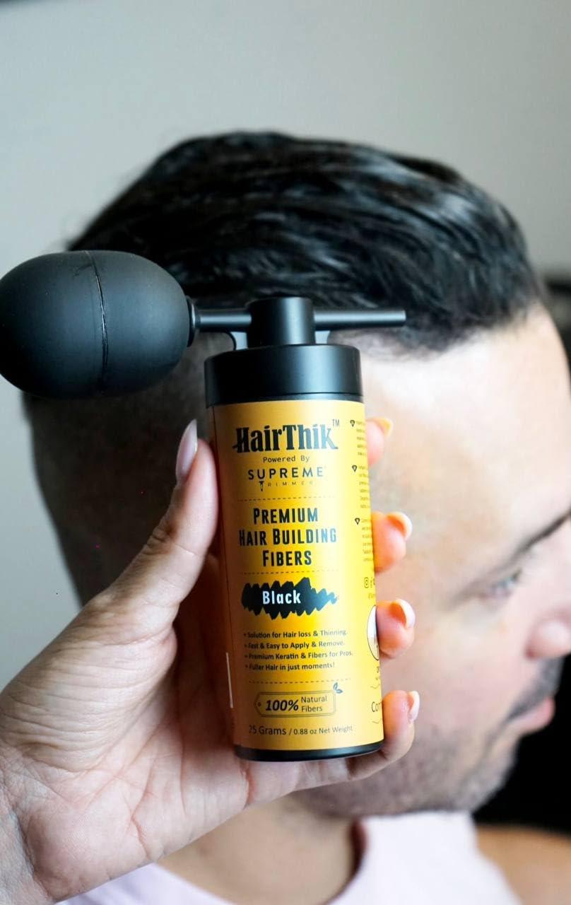 Supreme Trimmer Hair Building Fibers 8-in-1 Kit | includes 25G Keratin Fibers, Pump Nozzle, 2 Hairline Cards, S&L Shaker, Brush, Wipes, Mirror | Conceal Thicken Thinning Balding Hair | Men & Women (Black)