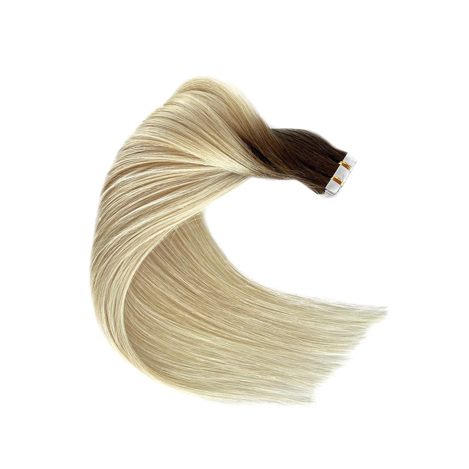 Munx Tape Ins Human Hair Extensions 22inch Omber Flax Brown to Platinum Blonde Silky Straight Brazilian Double Sided Tape in Extensions Human Hair Tape in Extensions