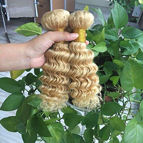 Ruma Hair Ruma Hair Blonde Deep Wave Peruvian Virgin Hair 3 Bundles With Closure Bleached Knots 4Pcs Lot Pure Color #613 Bleached Blonde Deep Curly Human Hair Weave With 4x4 Lace Closure (22 with 22 24 26)