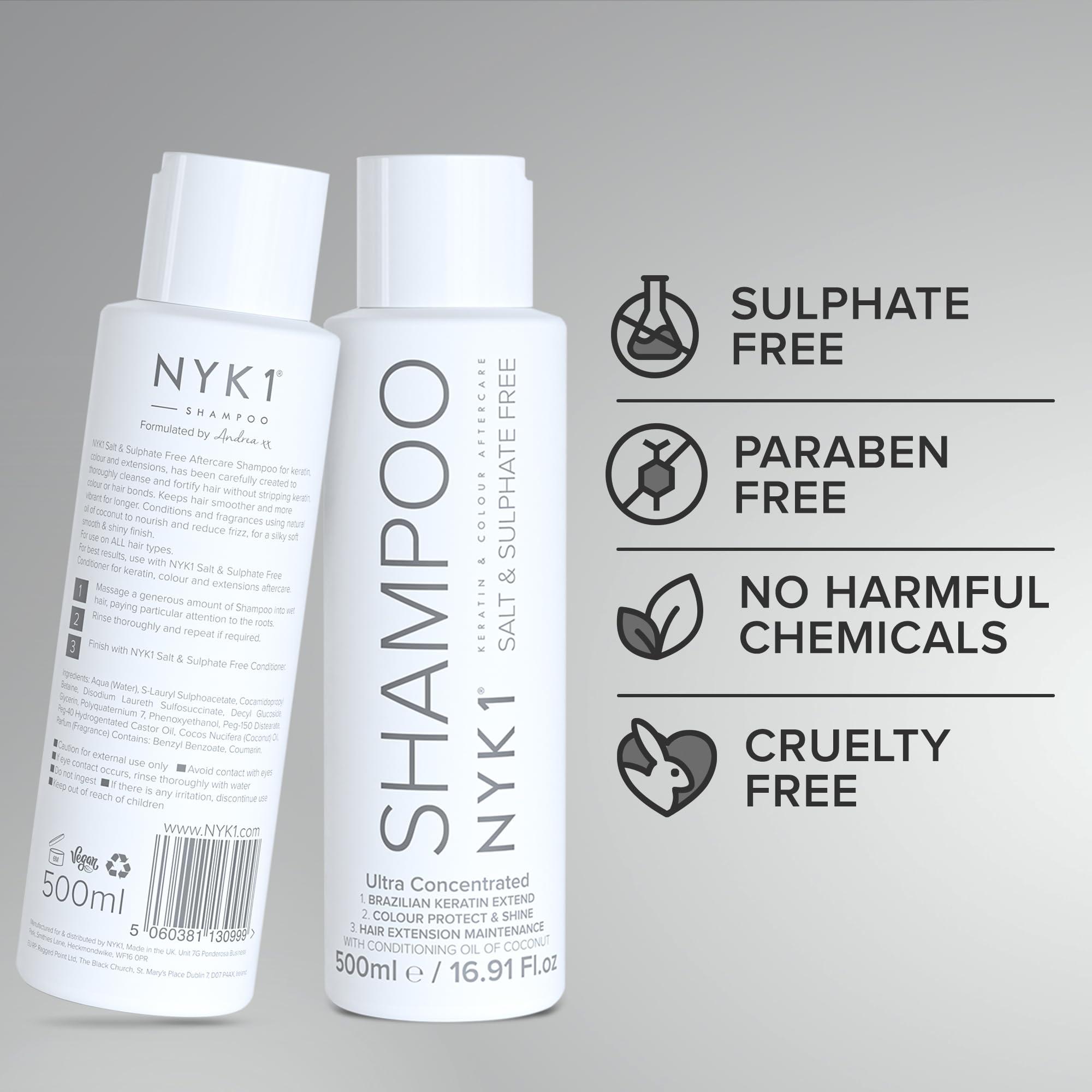 NYK1 SALT SULFATE FREE SHAMPOO for Color Treated Hair (17 Fl Oz / 500ml) Best Aftercare for Extensions (Unisex) Keratin Kit Treatment Straightening Fix Damaged After Care Paraben Free