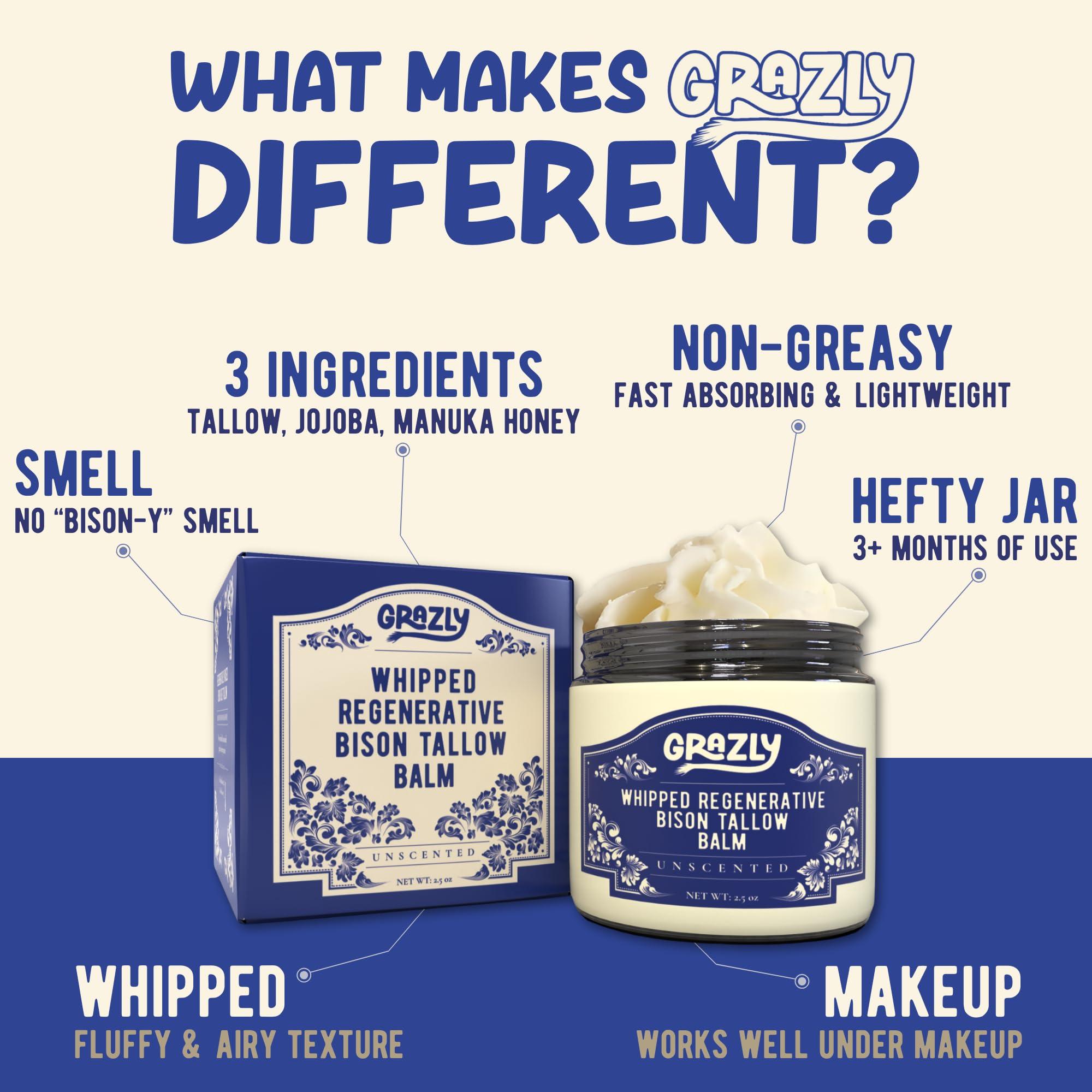 Grazly Grazly Unscented Manuka Honey & Bison Tallow Balm  100% Organic, Grass-Fed Face & Body Moisturizer for Dry Skin, Acne-Prone Skin & Wrinkles  Ancestral Formula with Coconut Oil, Raw Beeswax  3oz