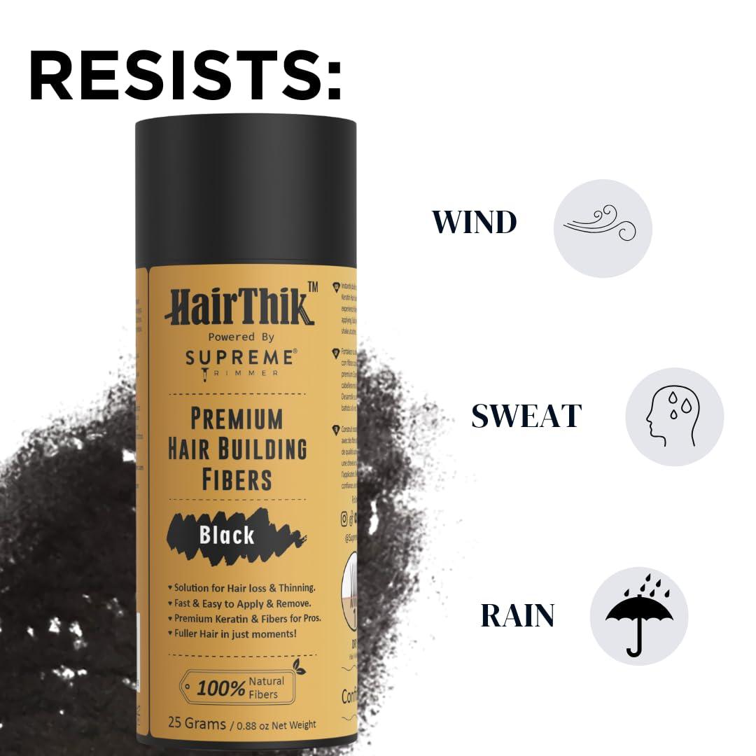 Supreme Trimmer Hair Building Fibers 8-in-1 Kit | includes 25G Keratin Fibers, Pump Nozzle, 2 Hairline Cards, S&L Shaker, Brush, Wipes, Mirror | Conceal Thicken Thinning Balding Hair | Men & Women (Black)