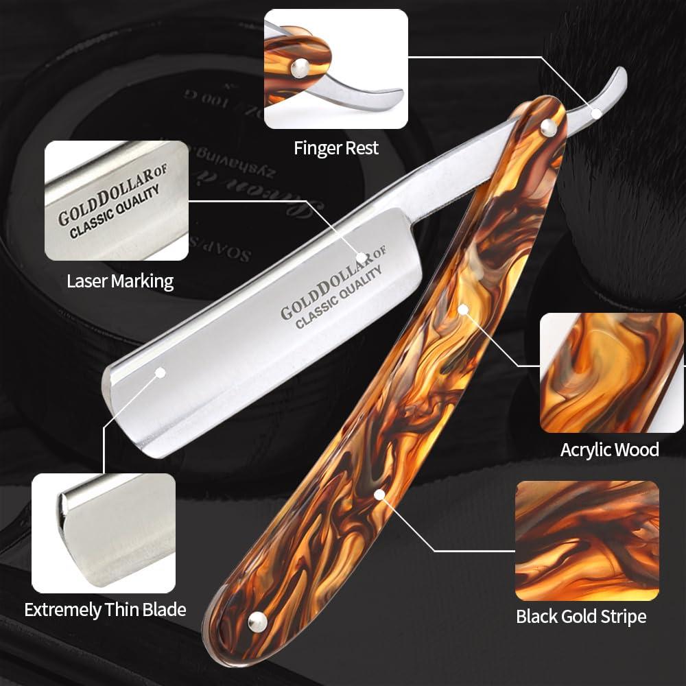 Gold Dollar Gold Dollar Retro Shaving For Men Acrylic Handle Straight Razor Barber Shaving Ready Without Stabilizer Scraper Cloth Kit