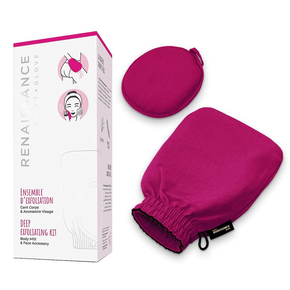 LE GANT RENAISSANCE Renaissance Glove a body Exfoliating Mitt with face scrubbing accessory by Daniele Henkel – Vegan more effective & resistant than a loofah, brush or scrub sponge bath -100% natural (Royal Magenta)