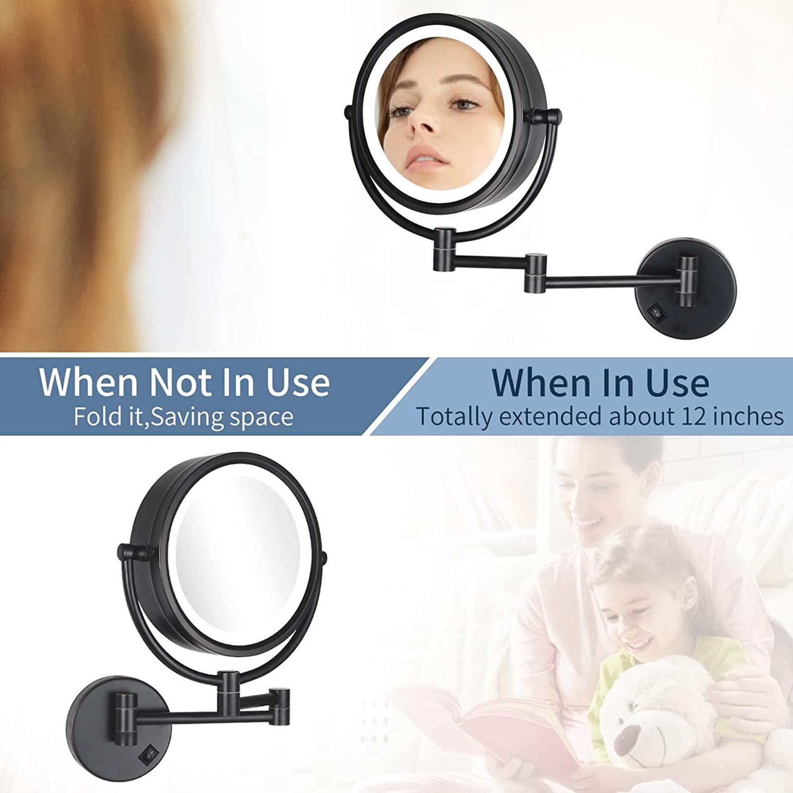 ZHANGY ZHANGY 8 Inch Wall Mounted Makeup Mirror with LED Lights, Plug 3X Magnifying Mirror, Wall 360°Rotatable Extendable Double-Sided, Bathroom and in Beauty and Personal Care, Silver White