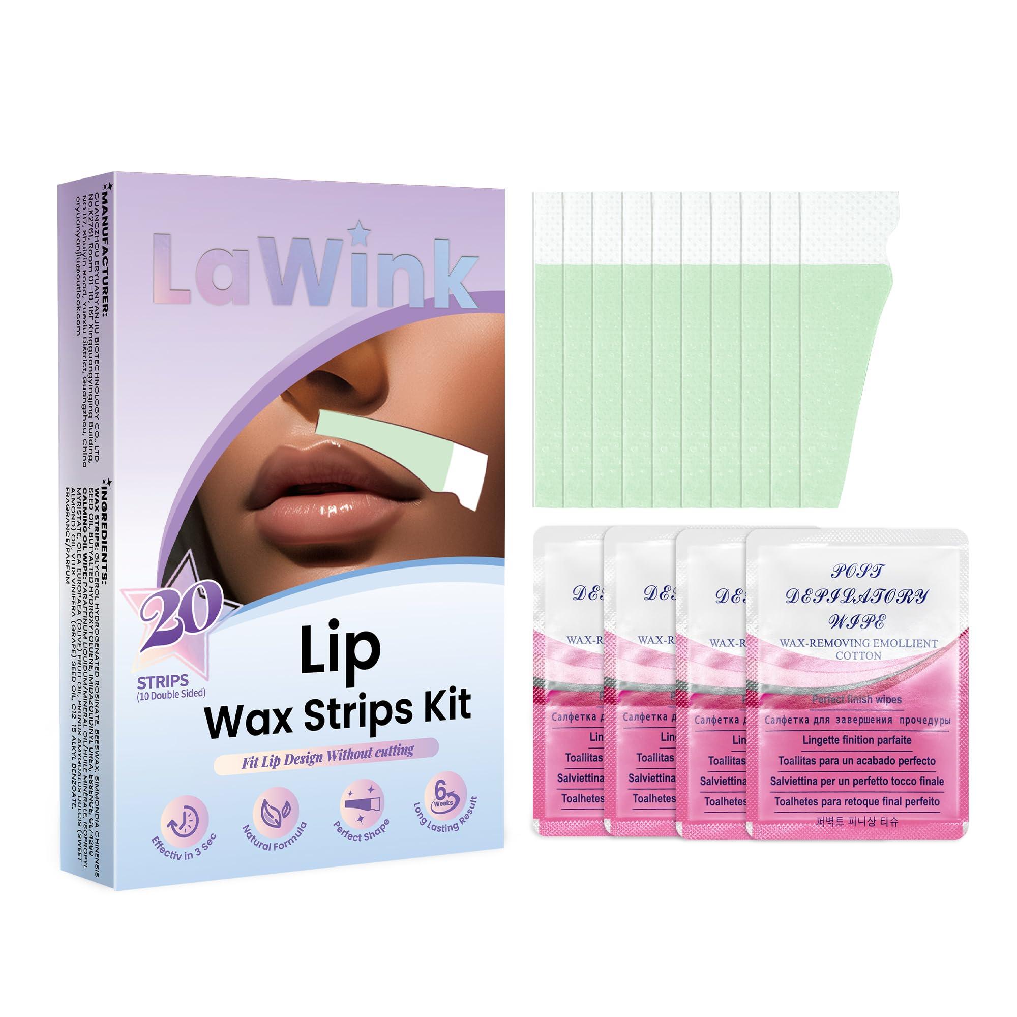 LaWink LaWink Lip Wax Strips Kit Cold Wax Strips Facial Hair Removal 20 Strips 4 Calming Oil Wipes for Sensitive Skin Types Women