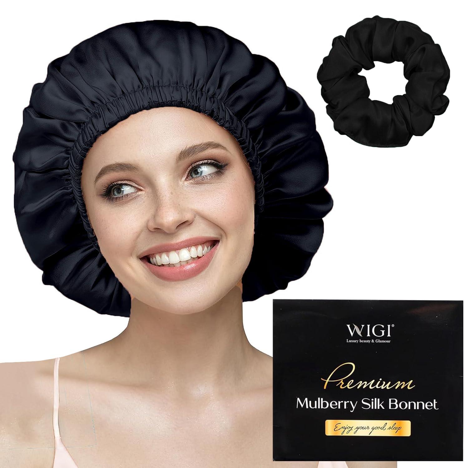 WIGI WIGI 100% Mulberry Silk Bonnet with Scrunchie Gift for Women, Silk Bonnet for Sleeping, Shower Cap Hair Bonnet, Silk Hair Wrap for Hair Care (100% Mulberry Silk (Round design), Black)