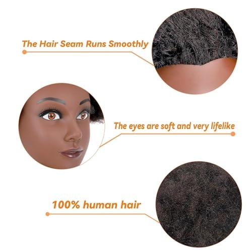 BaodanHair African Mannequin Head with 100% Human Hair Curly Cosmetology Manican Mannequins Heads with Stand for Display Practice Braiding Styling Training Head Hair Styling