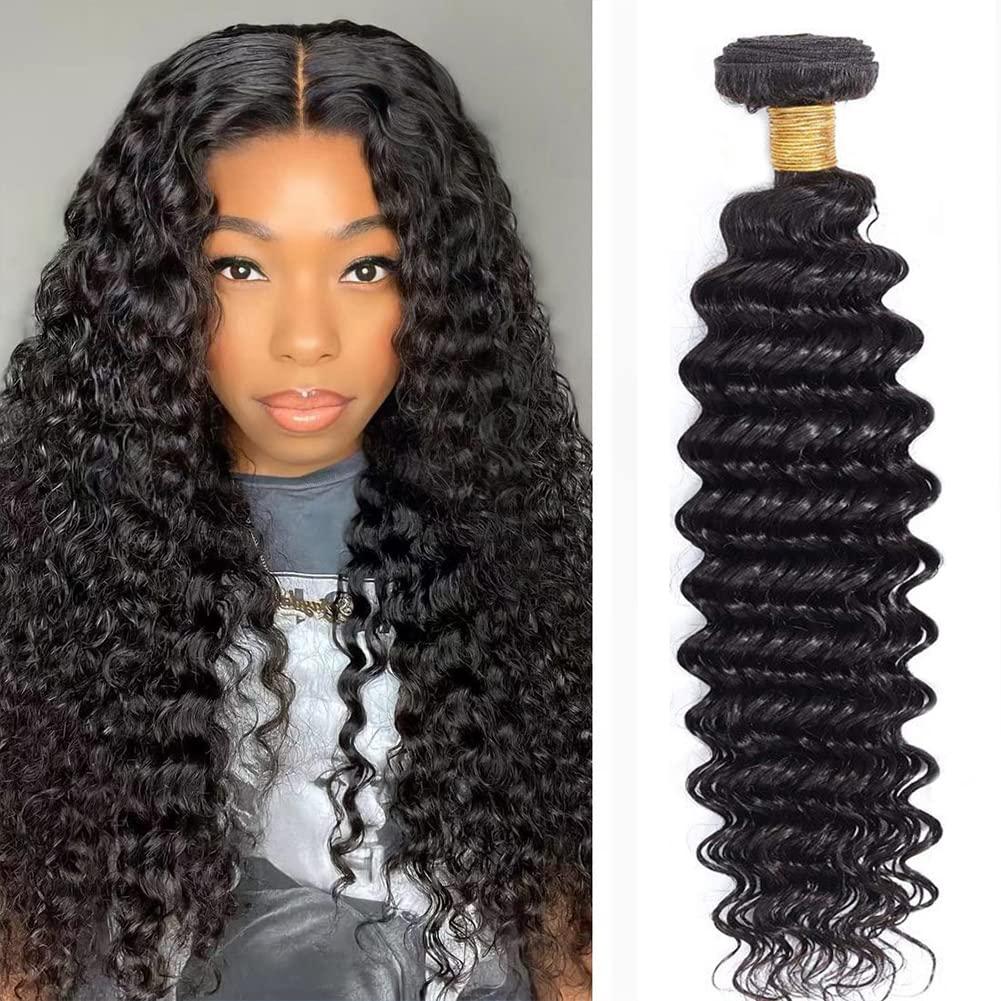 hetnear 32 Inch Deep Wave Bundles Human Hair 1 Bundles Water Wave Bundles 100% Unprocessed 10A Brazilian Virgin Human Hair Wet and Wavy Bundles Double Weft Deep Curly Weave Natural Black