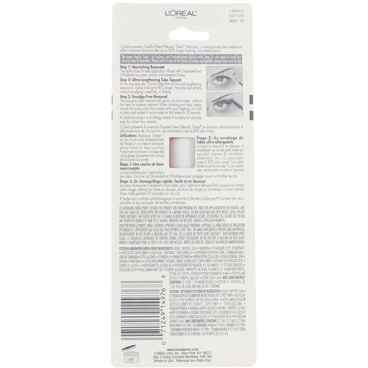 Revitalift Loreal Paris Double Extend Beauty Tubes Blackest Black Mascara -- 3 per case.