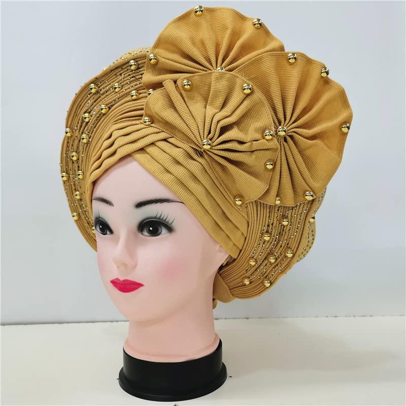 Generic Nigerian Head Wrap ASO Oke Nigeria for Traditional Marriage headtie Already Made African headtie with Beads&Stones Bonnet for Party 1set -ASO Oke African Head tie